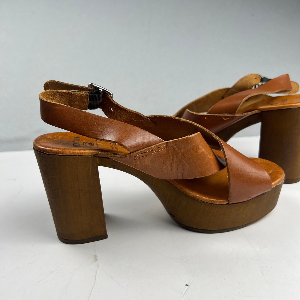 Brown Leather Wood Block Heel Boho Retro Platform Sandals Made in Italy Size 7 - Picture 2 of 16